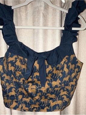 Maeve Navy and Camel Horse-Print Ruffle Crop Top